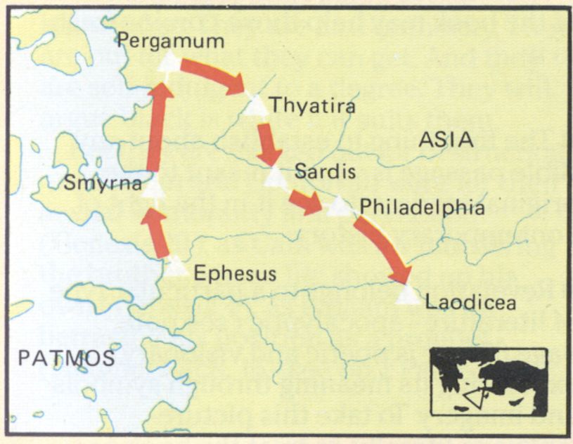 Zoomed-in map showing Greek churches referenced in Revelation 2 and 3